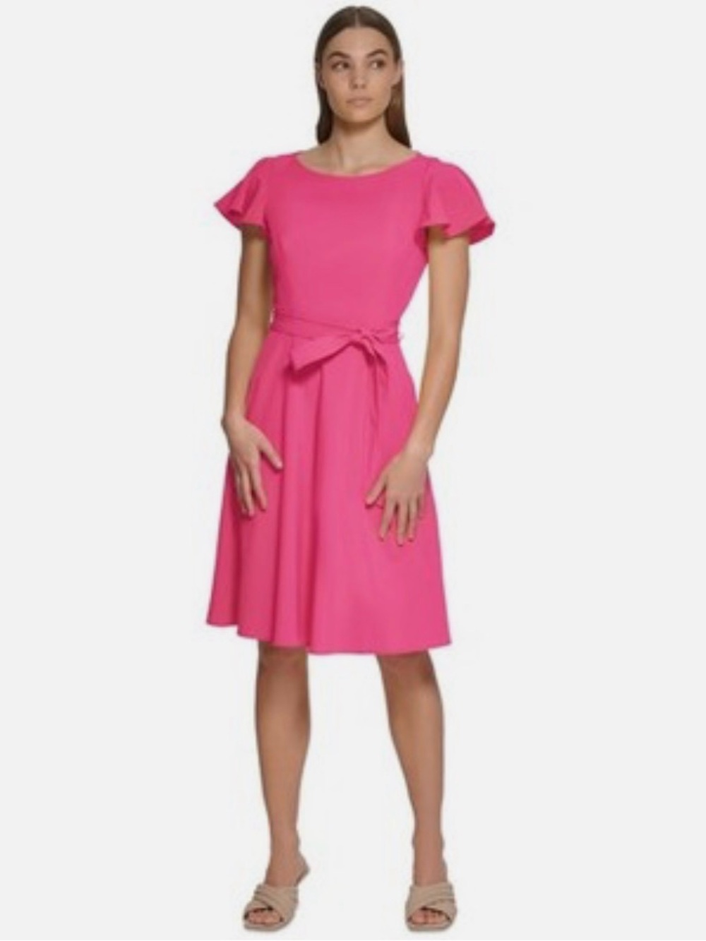 Calvin Klein Women’s Size 12 Hibiscus Pink Flutter Sleeve Belted Midi Dress NWT